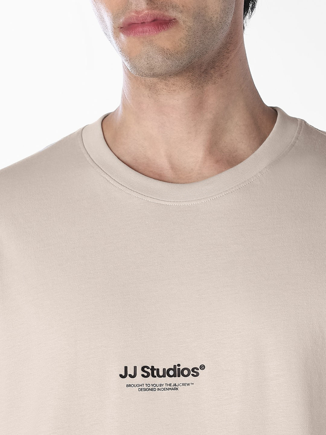Men Organic Cotton Relaxed Fit Beige Crew Neck Printed T-Shirt