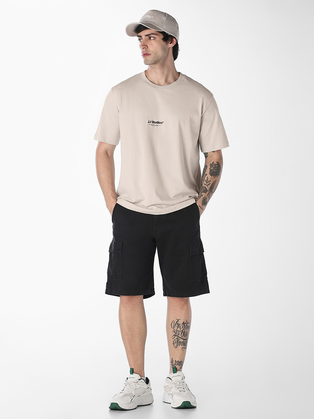 Men Organic Cotton Relaxed Fit Beige Crew Neck Printed T-Shirt