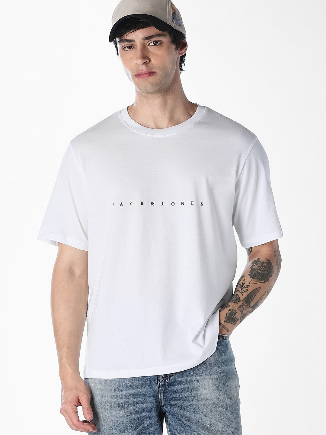 Men's White Cotton Boxy Fit Crew Neck Logo Print T-Shirt - S