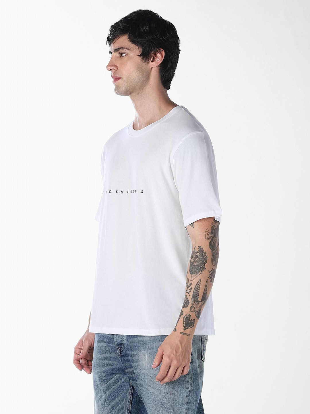 Men's White Cotton Boxy Fit Crew Neck Logo Print T-Shirt