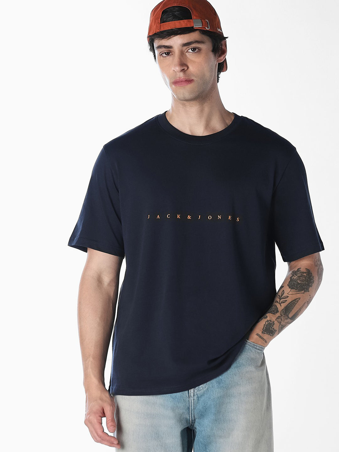 Men's Navy Blue Cotton Boxy Fit Crew Neck Logo Print T-Shirt - S