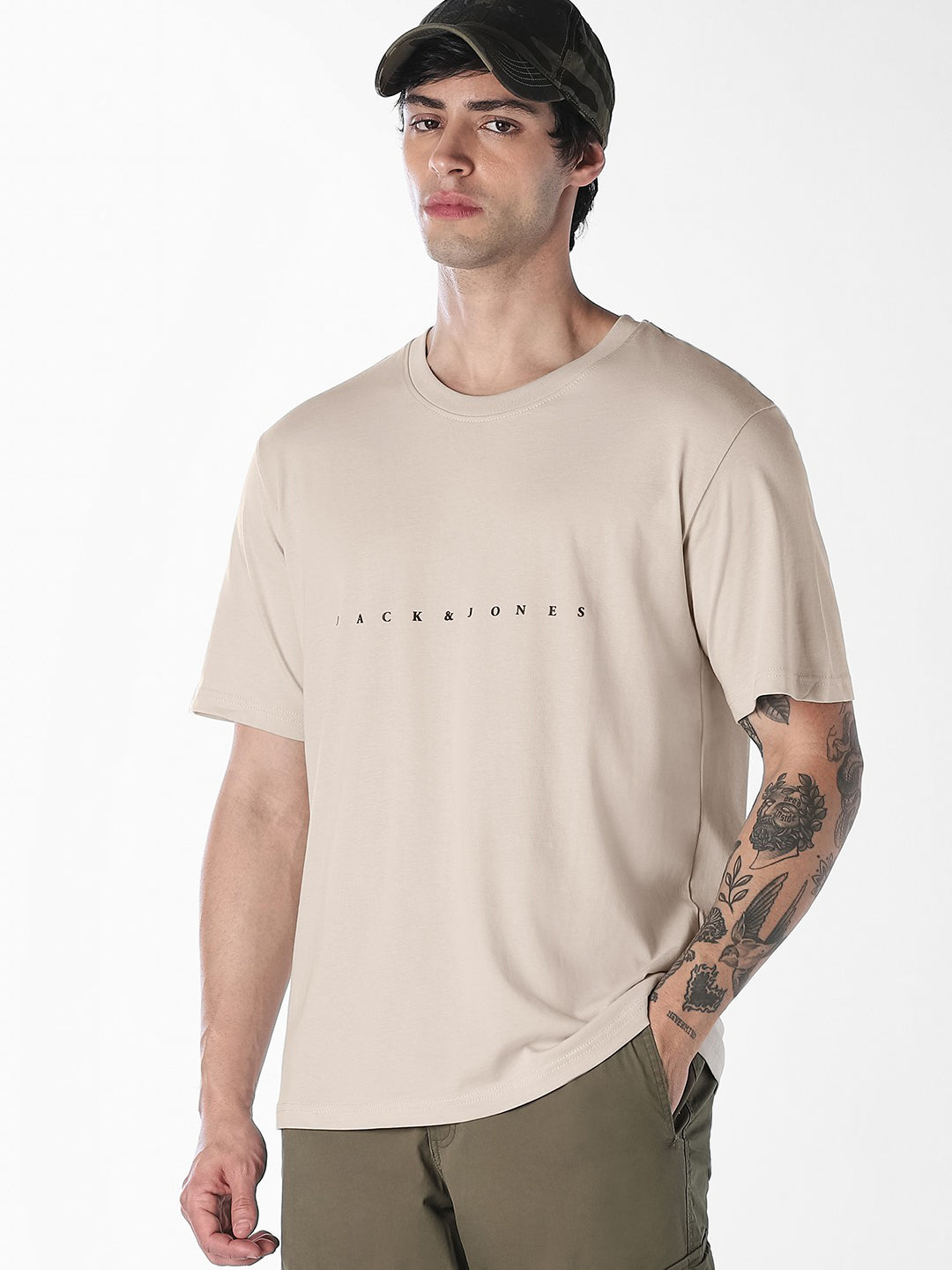 Men's Beige Cotton Boxy Fit Crew Neck Logo Print T-Shirt - S