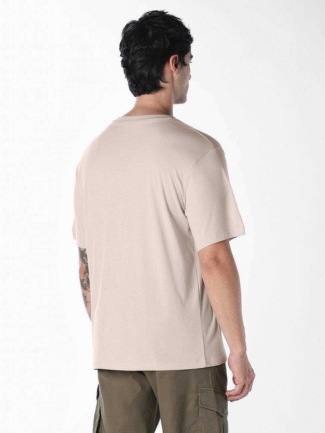 Men's Beige Cotton Boxy Fit Crew Neck Logo Print T-Shirt