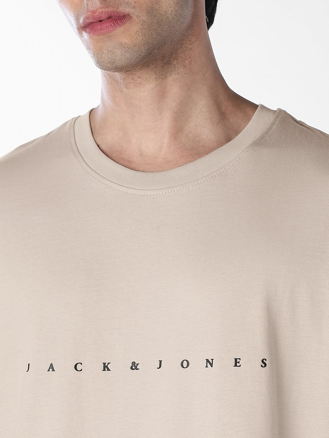 Men's Beige Cotton Boxy Fit Crew Neck Logo Print T-Shirt