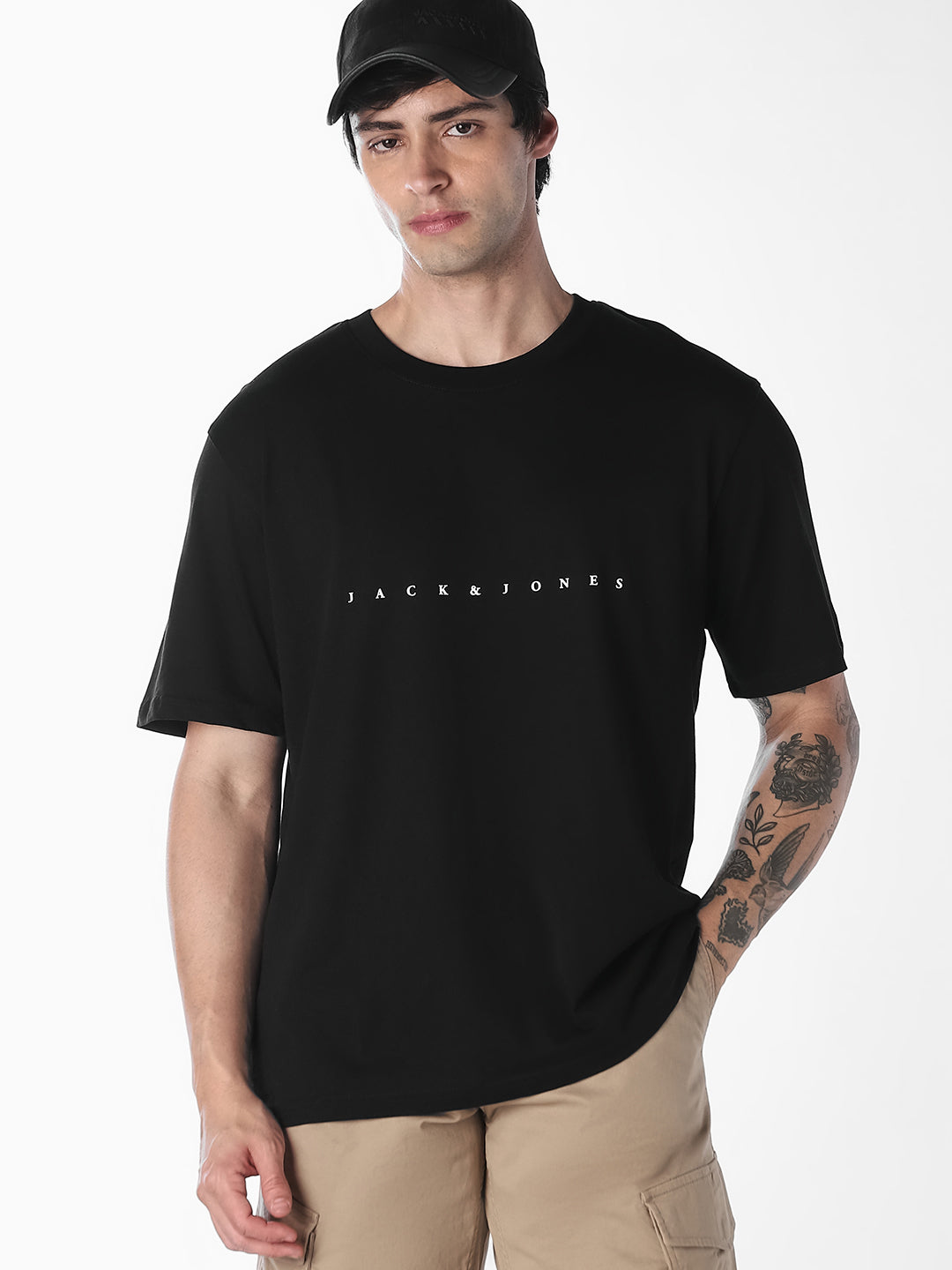 Men's Black Boxy Fit Crew Neck Logo Print T-Shirt - S