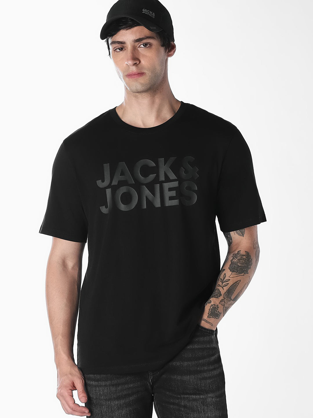 Men's Black Organic Cotton Slim Fit Crew Neck Logo Print T-Shirt - S