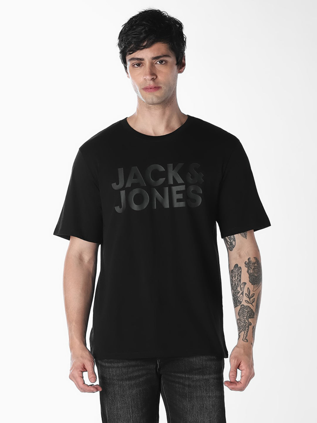 Men's Black Organic Cotton Slim Fit Crew Neck Logo Print T-Shirt