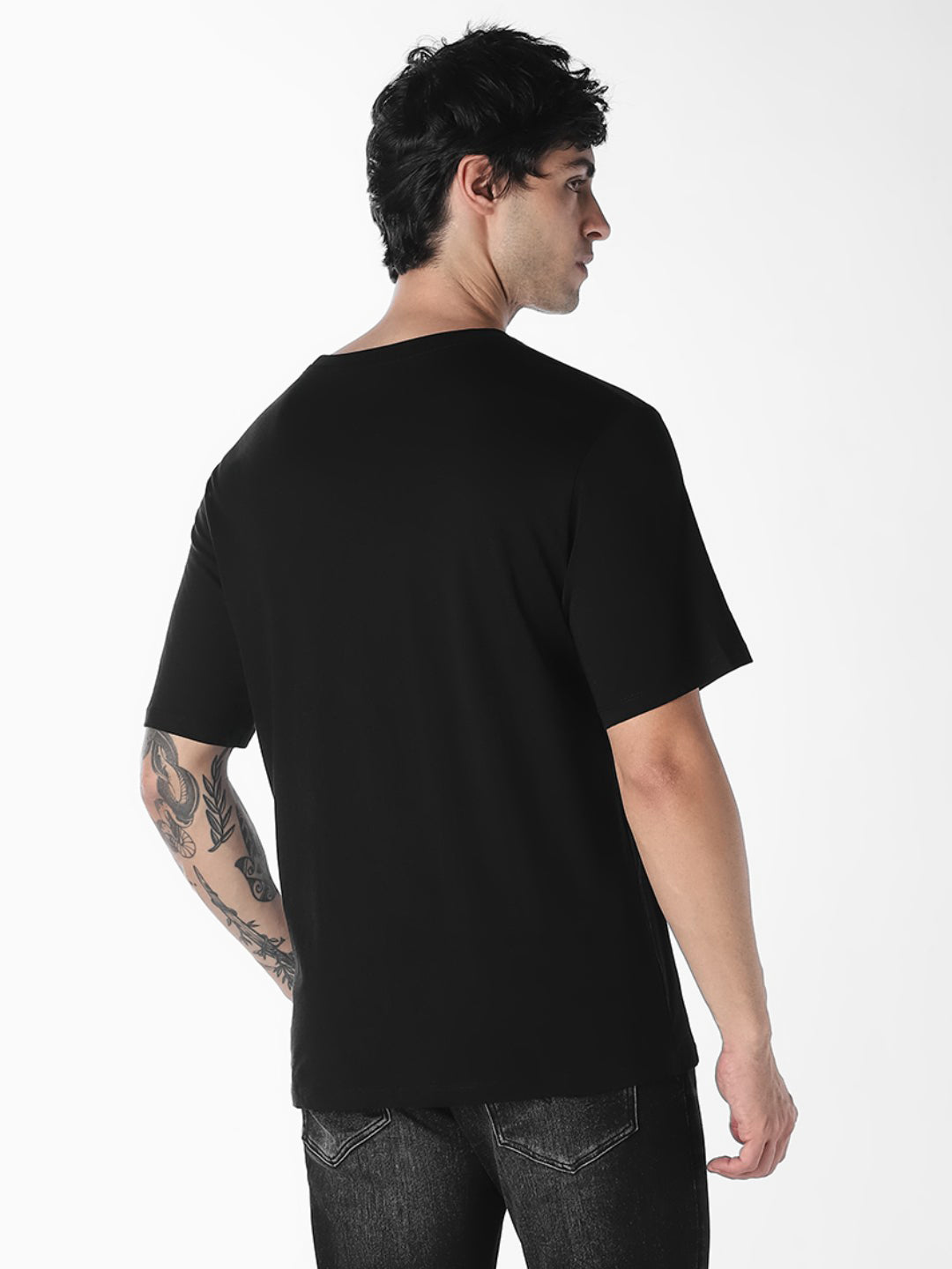 Men's Black Organic Cotton Slim Fit Crew Neck Logo Print T-Shirt