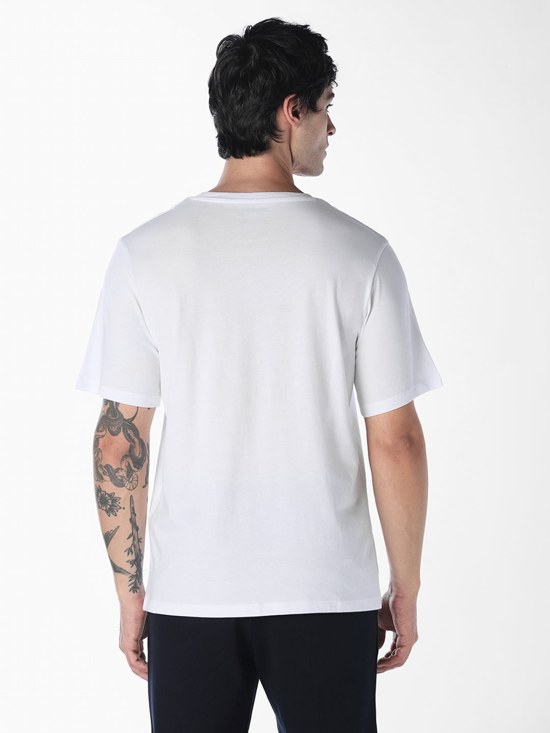 Men Organic Cotton Slim Fit White Crew Neck Logo Print T-Shirt