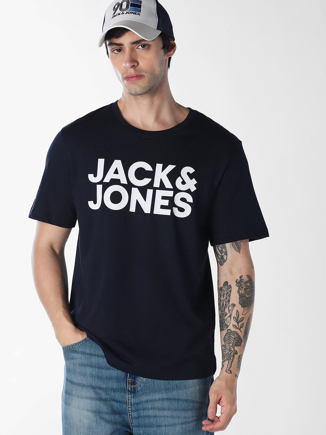 Men's Navy Blue Organic Cotton Slim Fit Logo Print Crew Neck T-Shirt - L