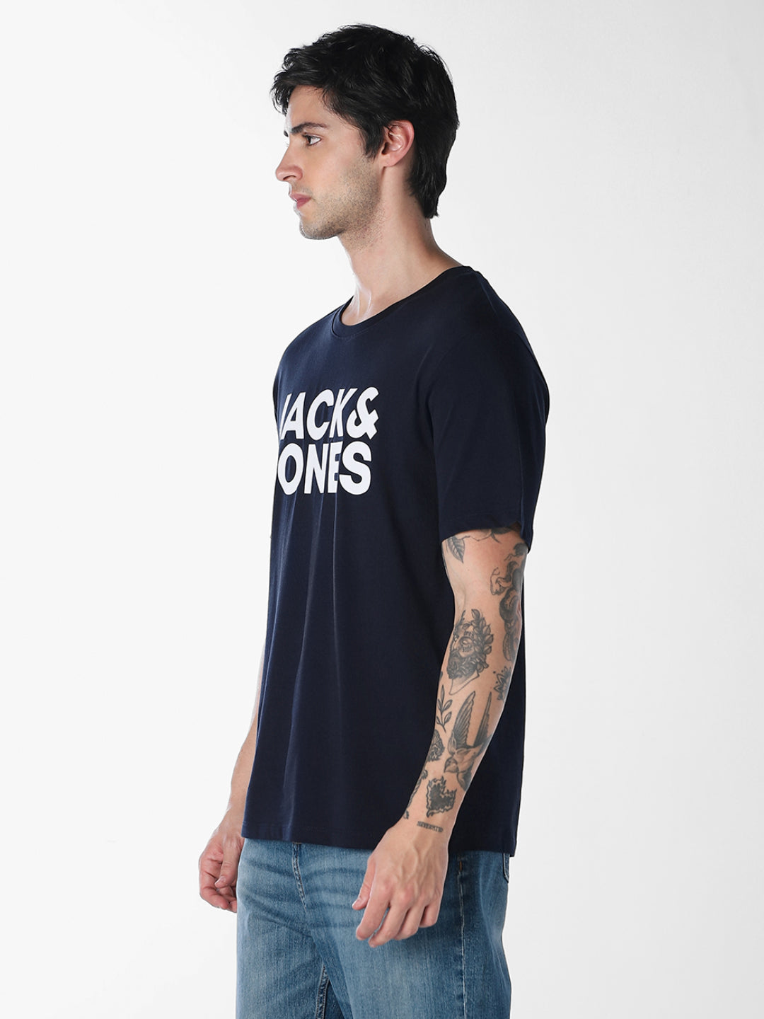 Men's Navy Blue Organic Cotton Slim Fit Logo Print Crew Neck T-Shirt