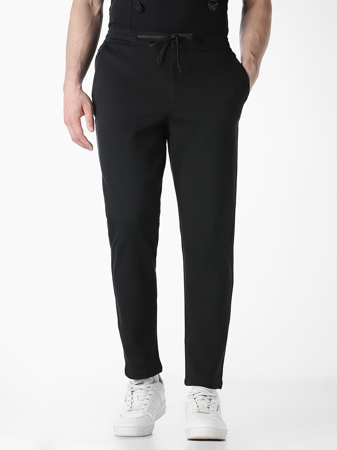 Men's Black Cotton-Blend Regular Fit Chino Joggers With Drawstring
