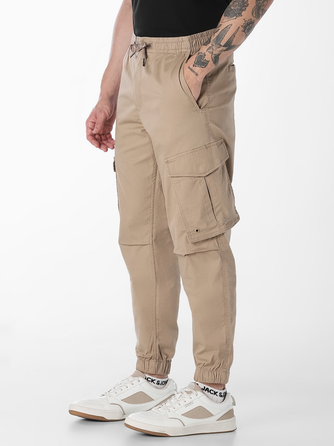 Men's Beige Slim Fit Cargos With Drawstring Waist
