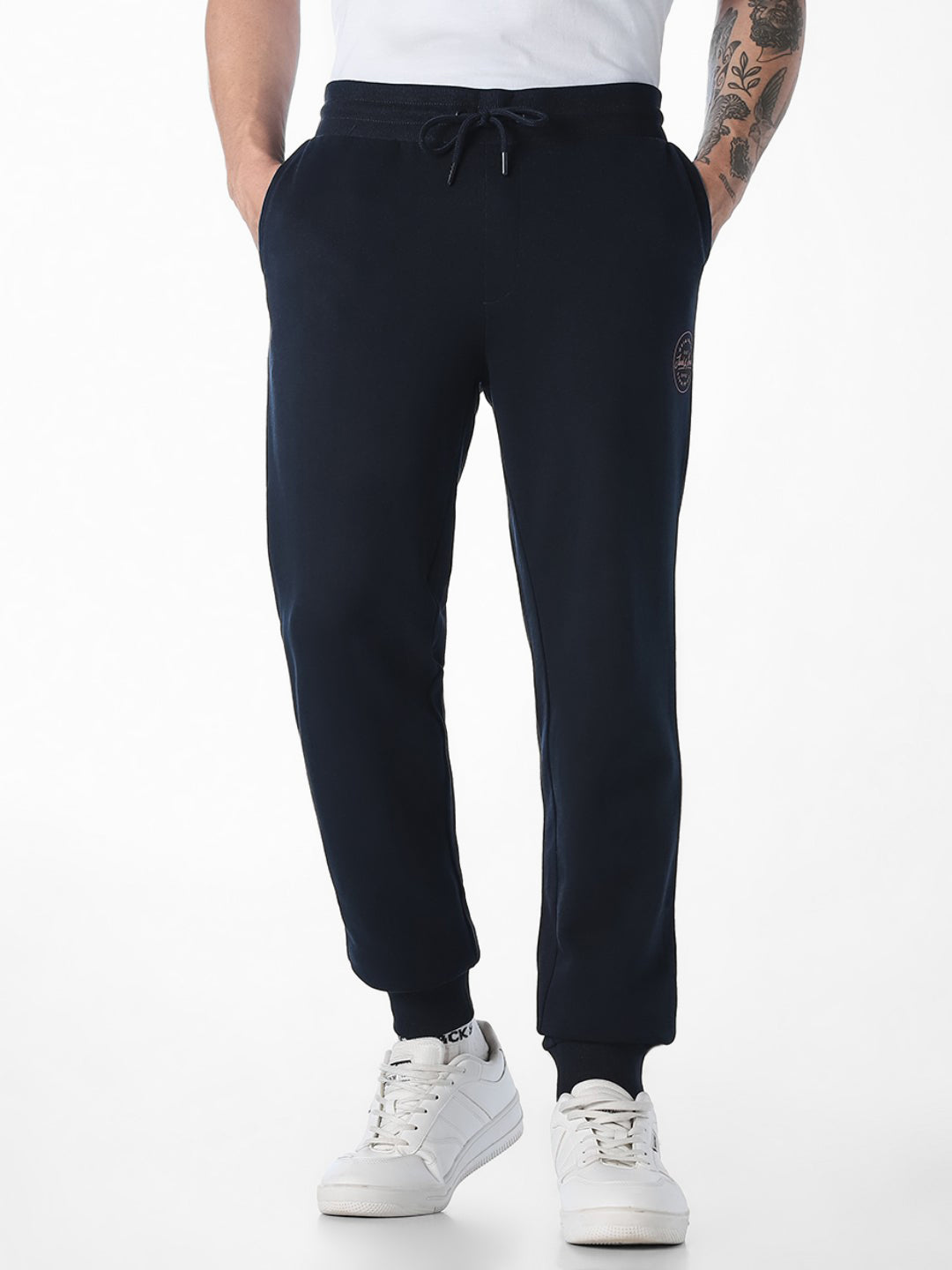 Men's Navy Blue Cotton Slim Fit Joggers With Drawstring Waist