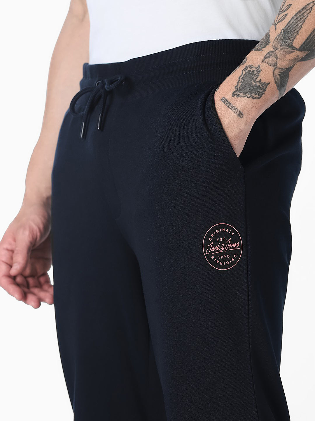 Men's Navy Blue Cotton Slim Fit Joggers With Drawstring Waist