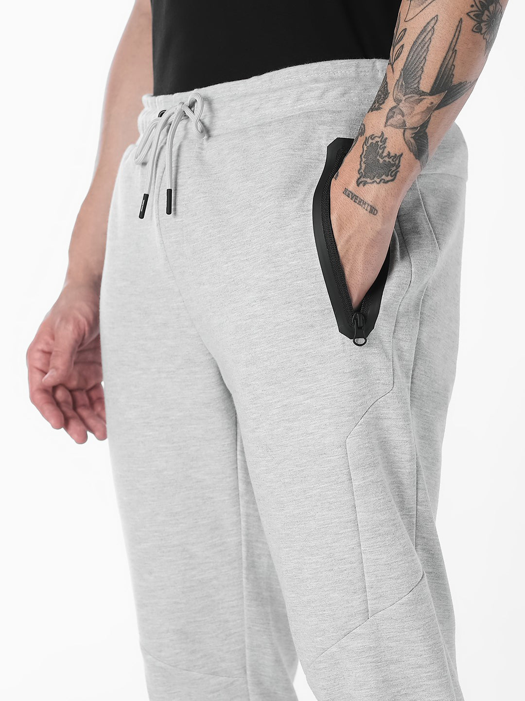 Men's Grey Melange Slim Fit Joggers With Zip Pockets