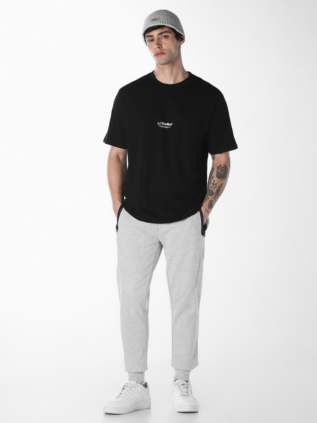 Men's Grey Melange Slim Fit Joggers With Zip Pockets
