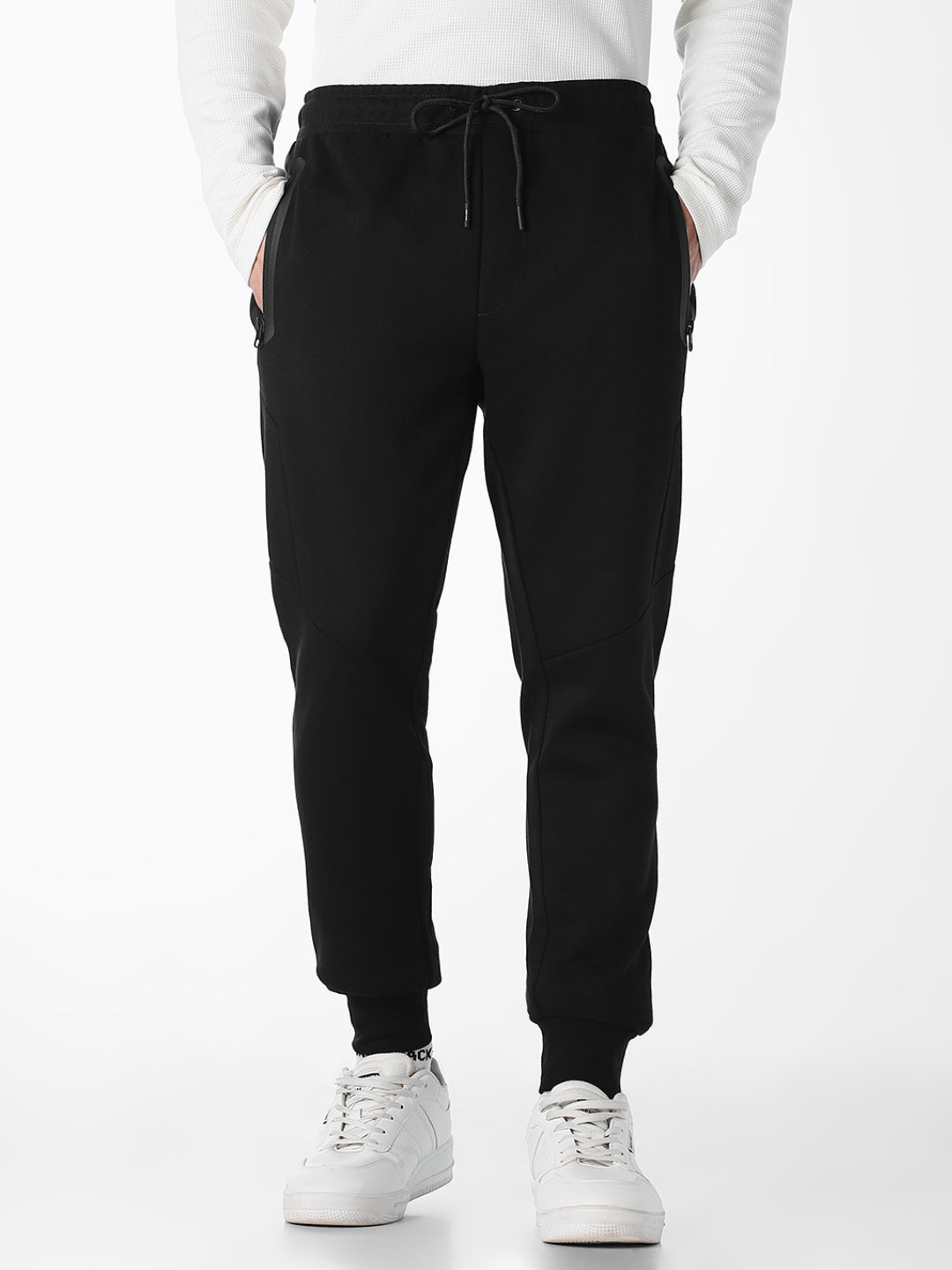 Men's Black Slim Fit Knit Joggers With Drawstring & Zip Pockets - S