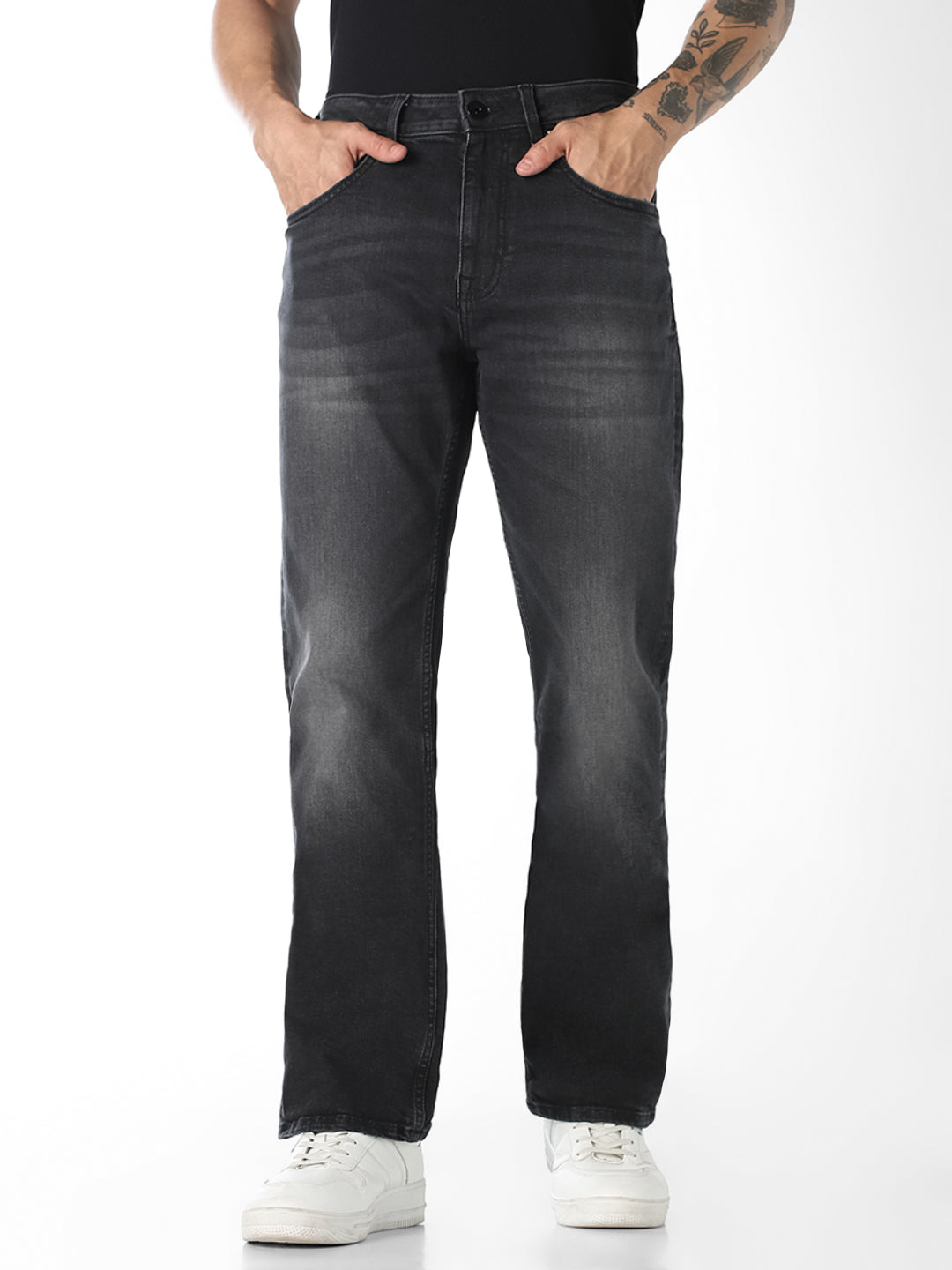 Men Bootcut Black Denim Jeans With Light Fade - 30/30