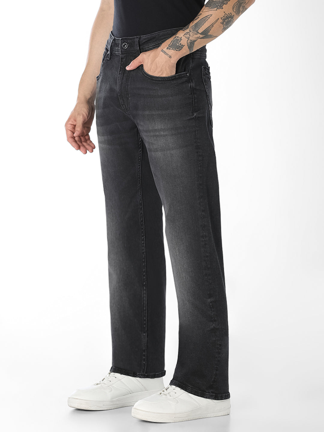 Men Bootcut Black Denim Jeans With Light Fade