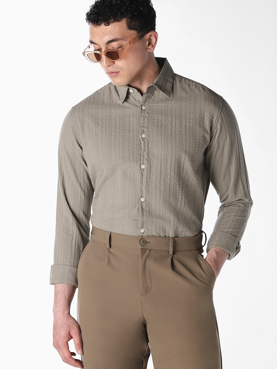 Greige Dobby Cotton Shirt - XL