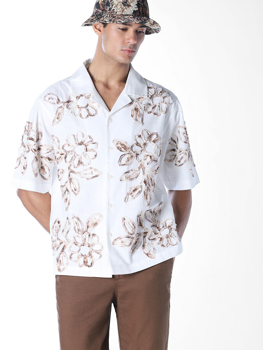 Applique Embroidered Oversized Shirt - White - M