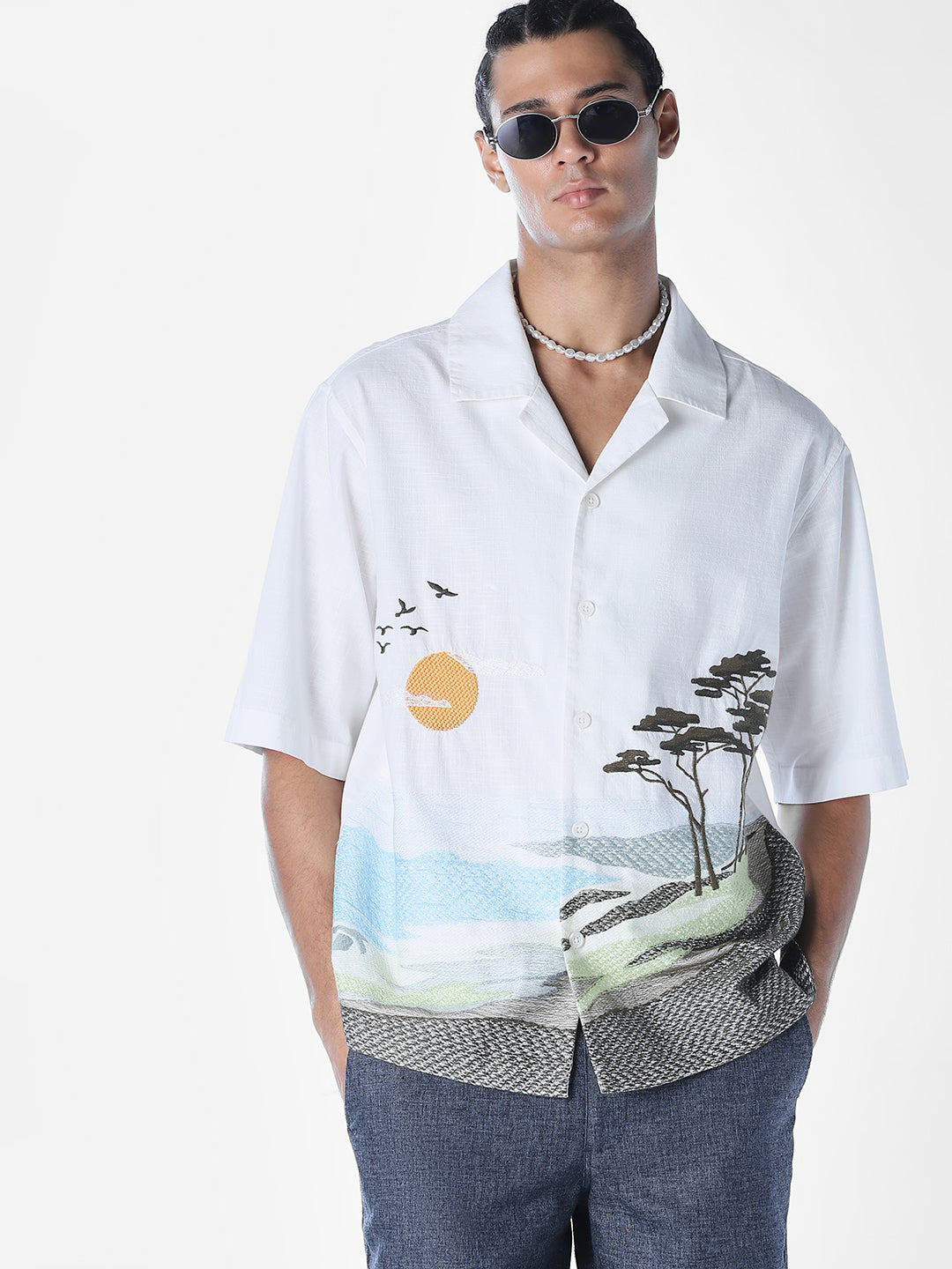 Landscape Print Embroidered Oversized Shirt - L