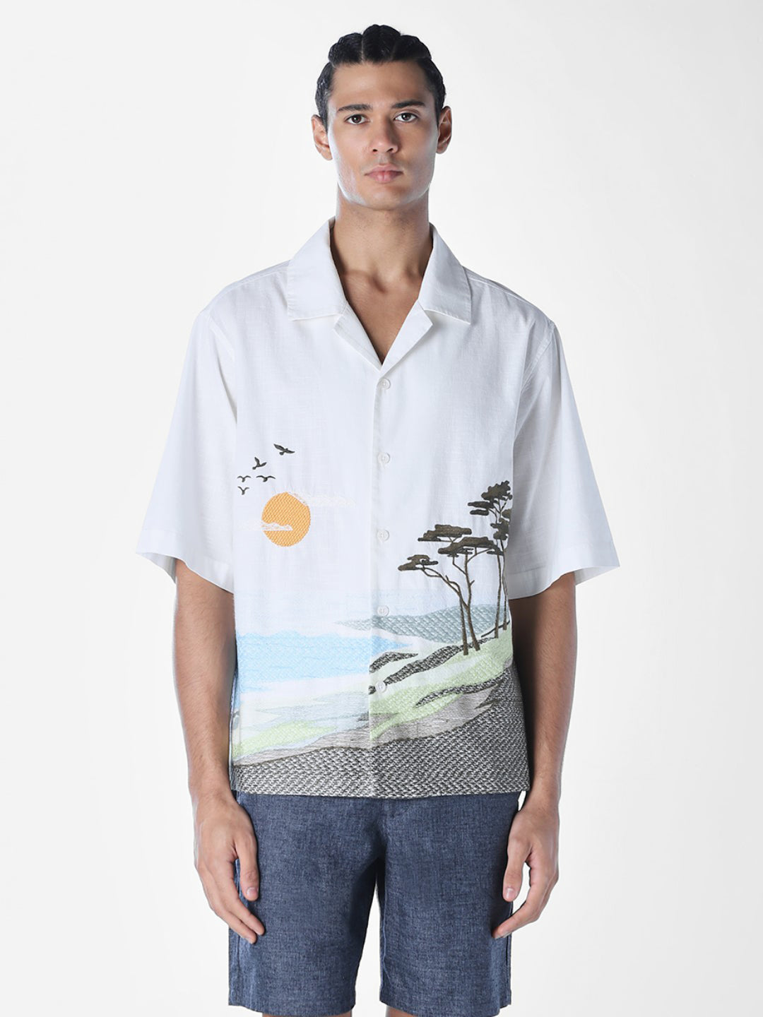 Landscape Print Embroidered Oversized Shirt