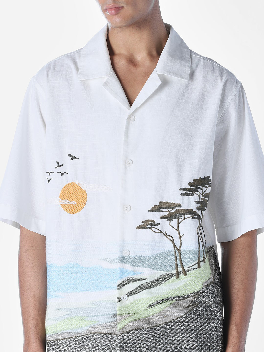 Landscape Print Embroidered Oversized Shirt