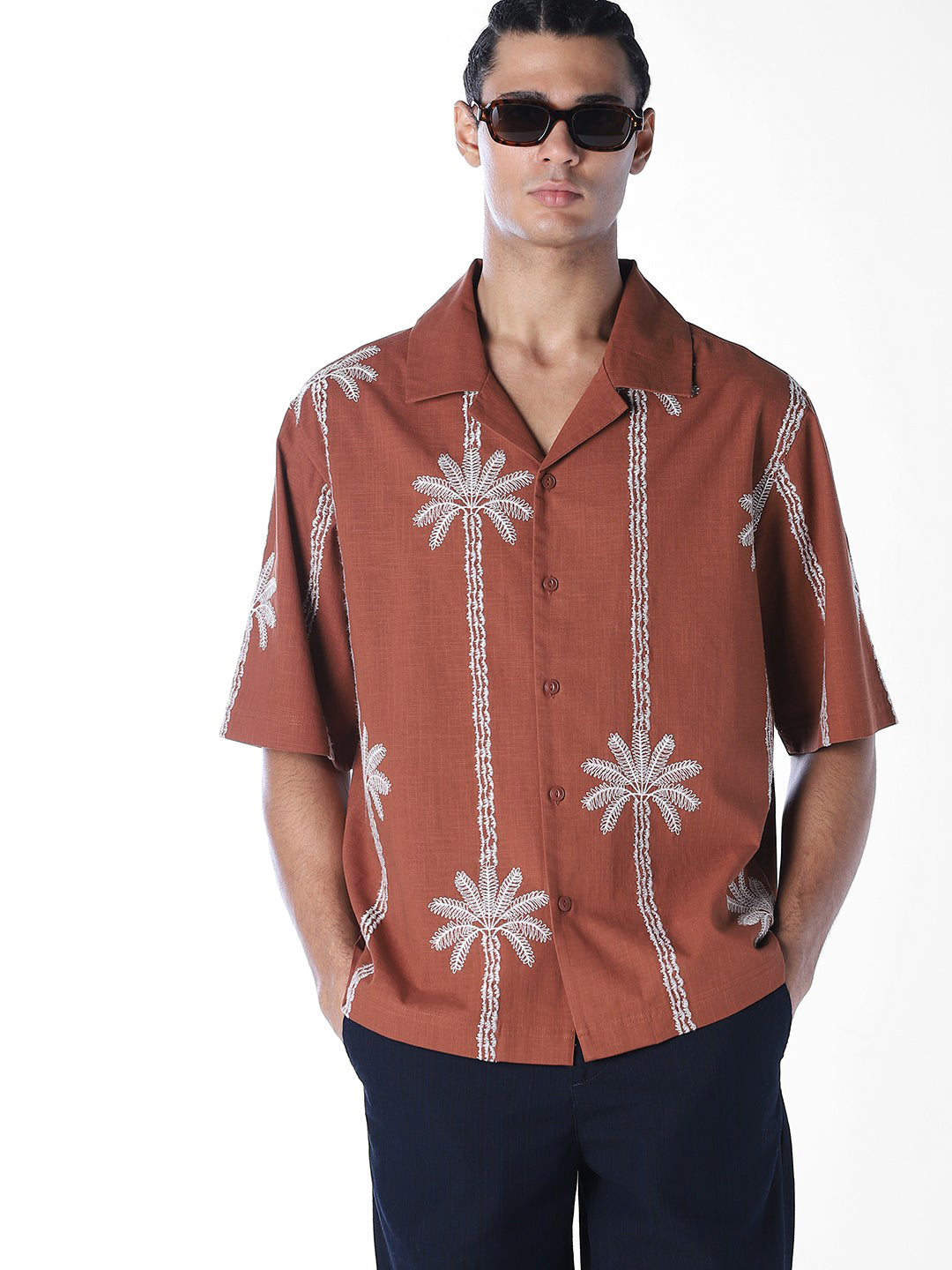 Rust Embroidered Oversized Shirt - M