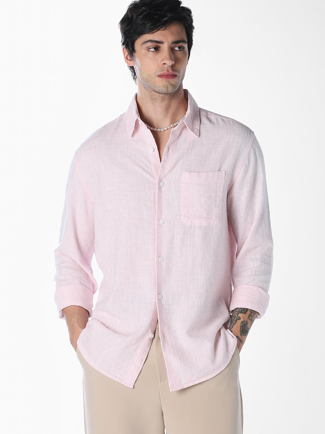 Textured Weave Full Sleeves Shirt - Light Pink