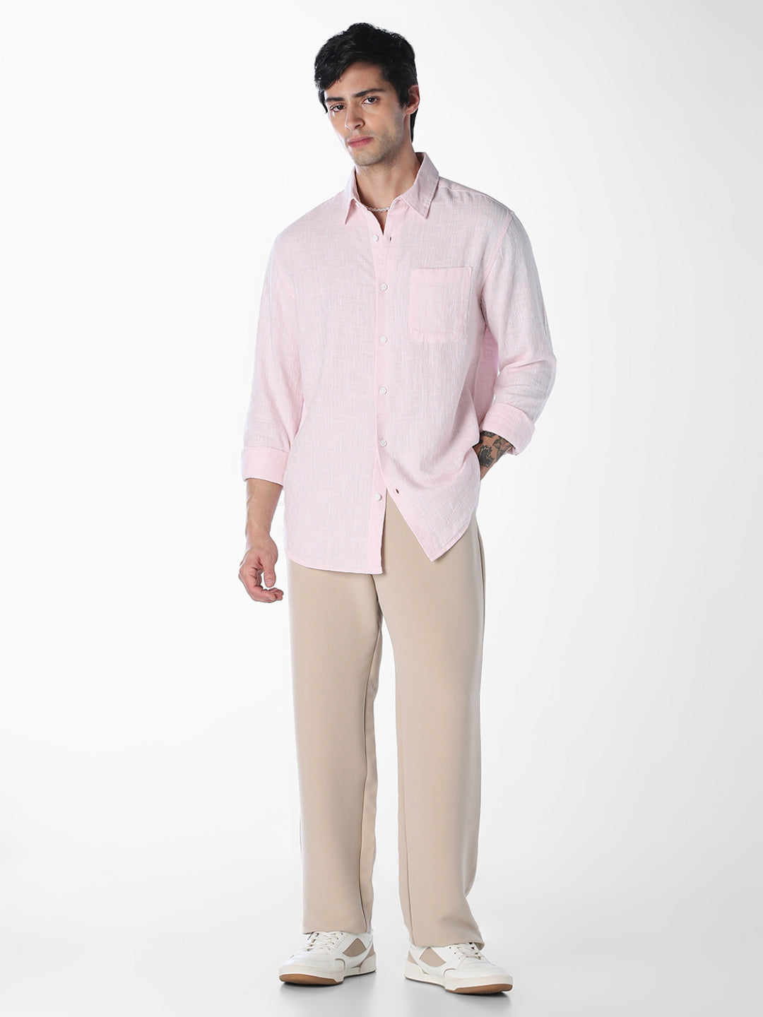 Textured Weave Full Sleeves Shirt - Light Pink