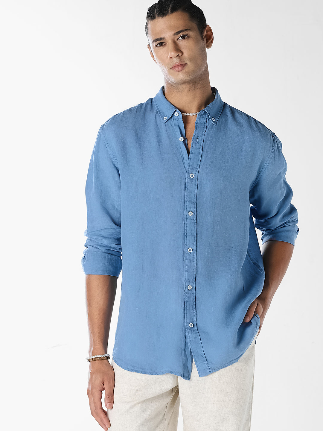 Blue Linen Full Sleeves Shirt - XXL