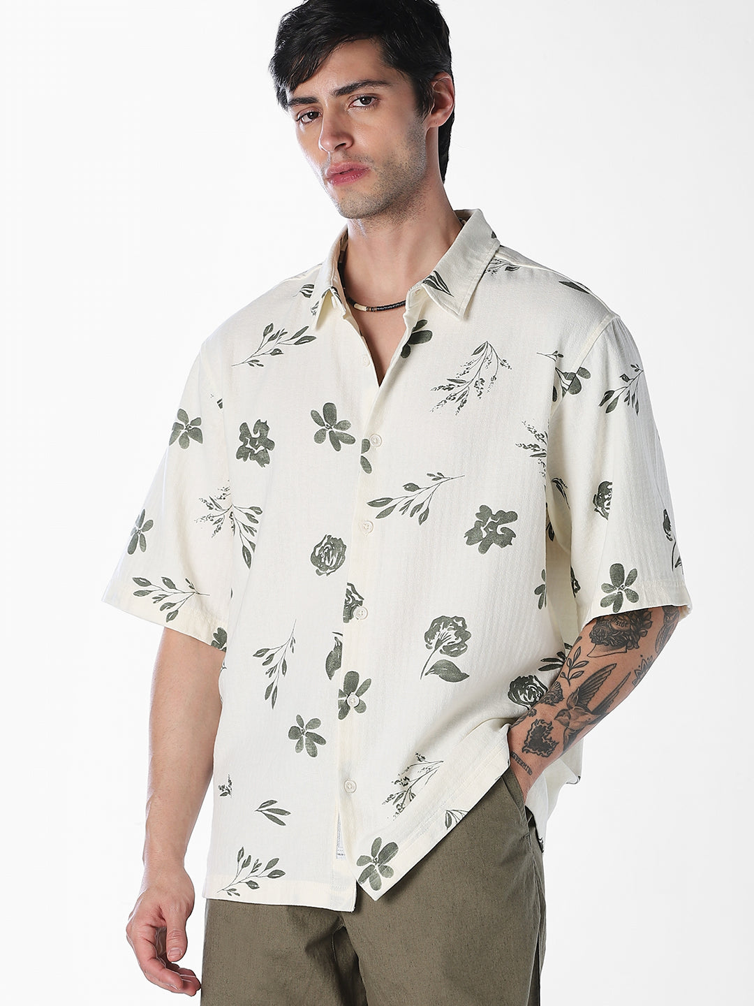 Floral Cotton Oversized Shirt - M