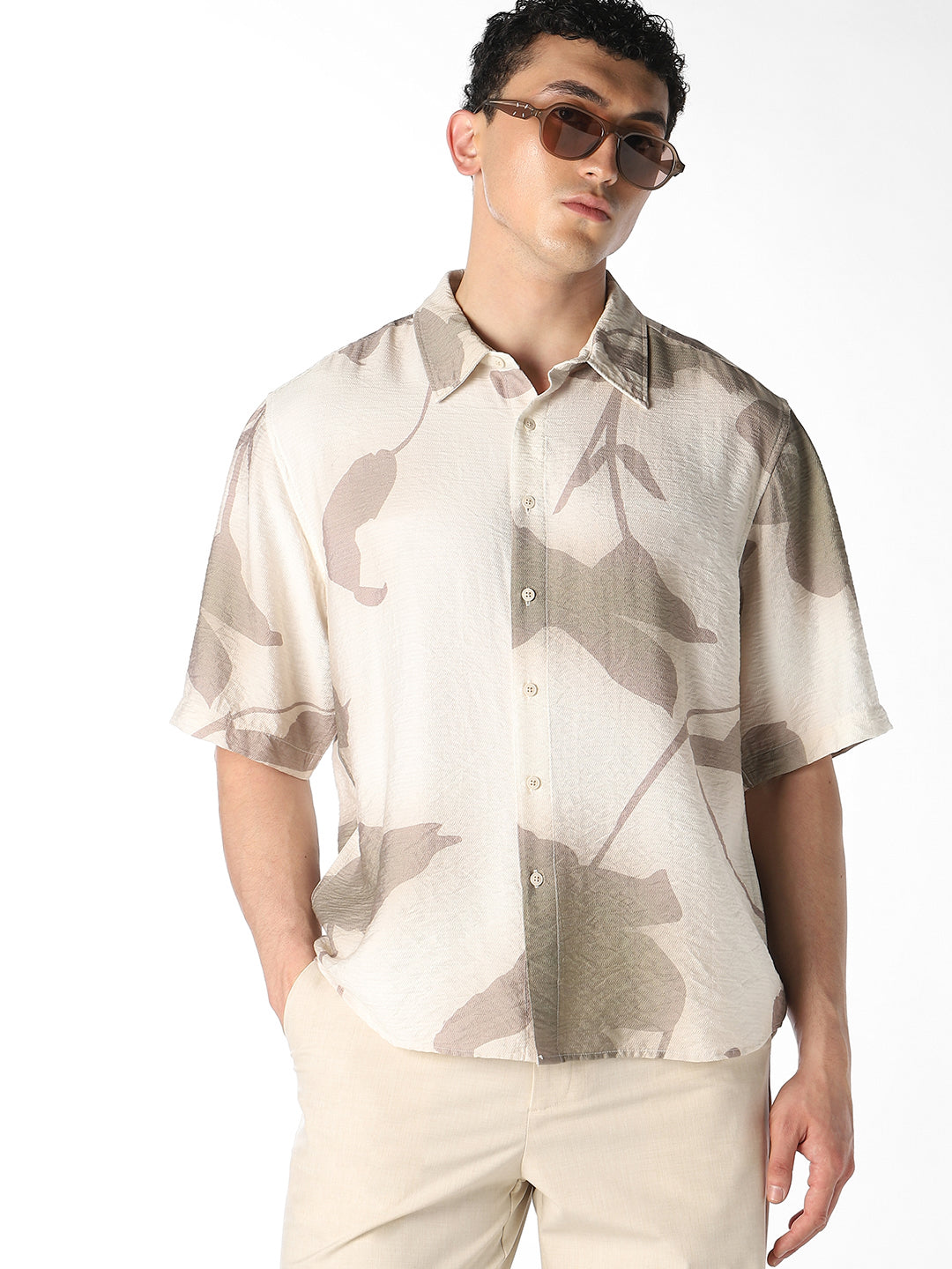 Beige Printed Oversized Shirt - M