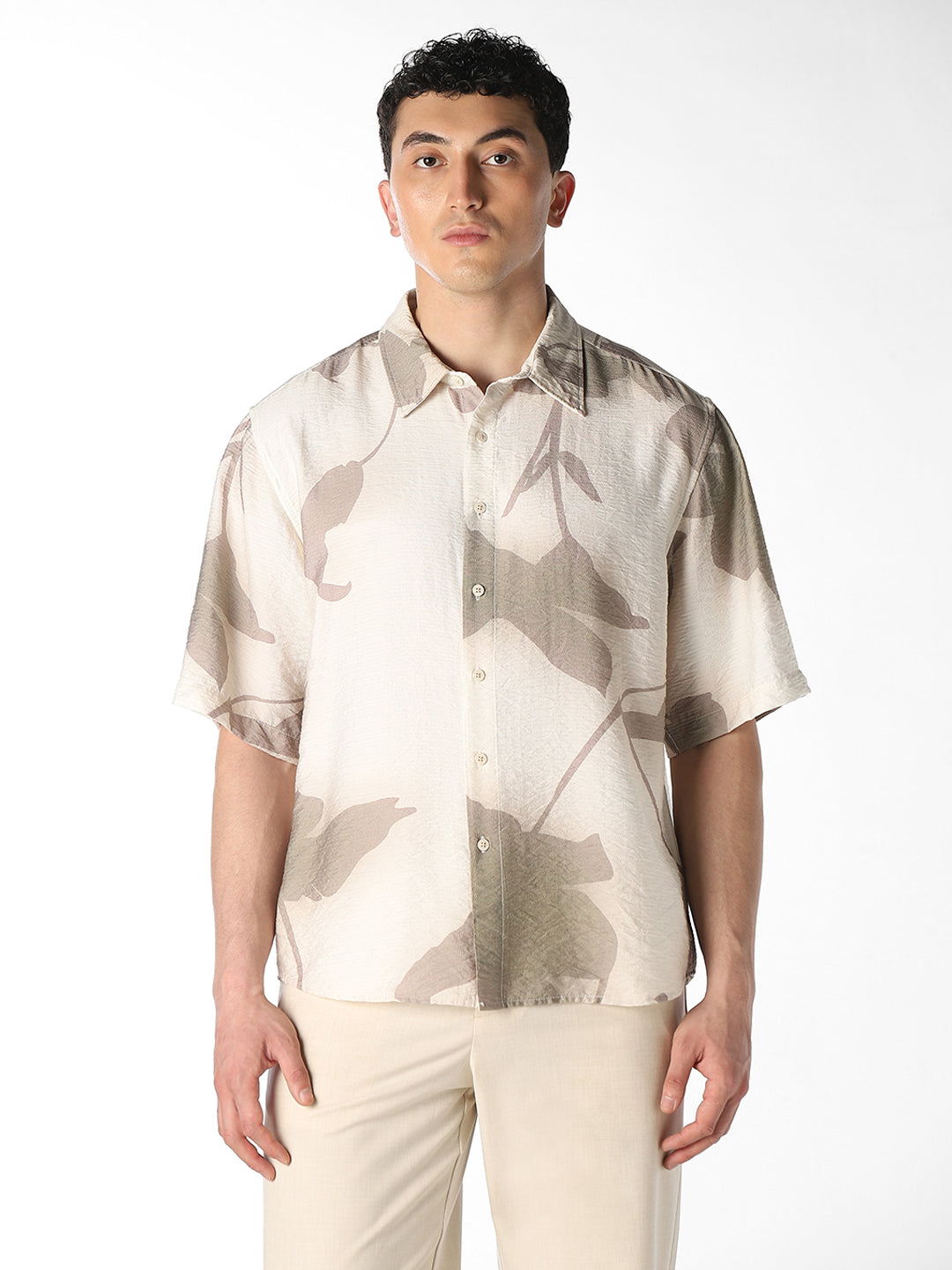 Beige Printed Oversized Shirt