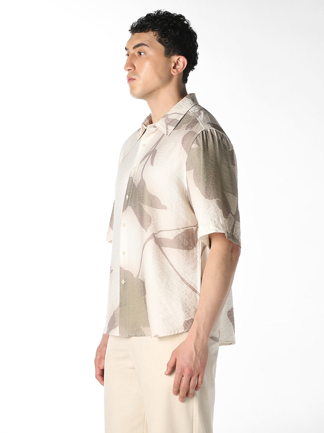 Beige Printed Oversized Shirt
