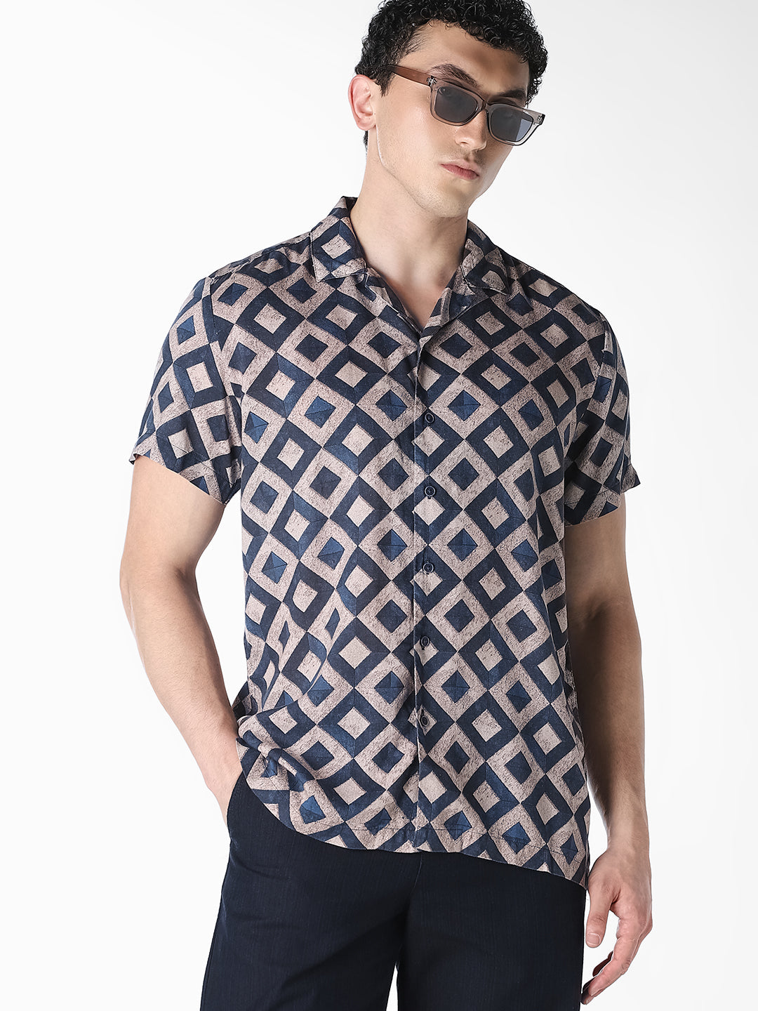 Blue Geometric Print Comfort Fit Shirt - S