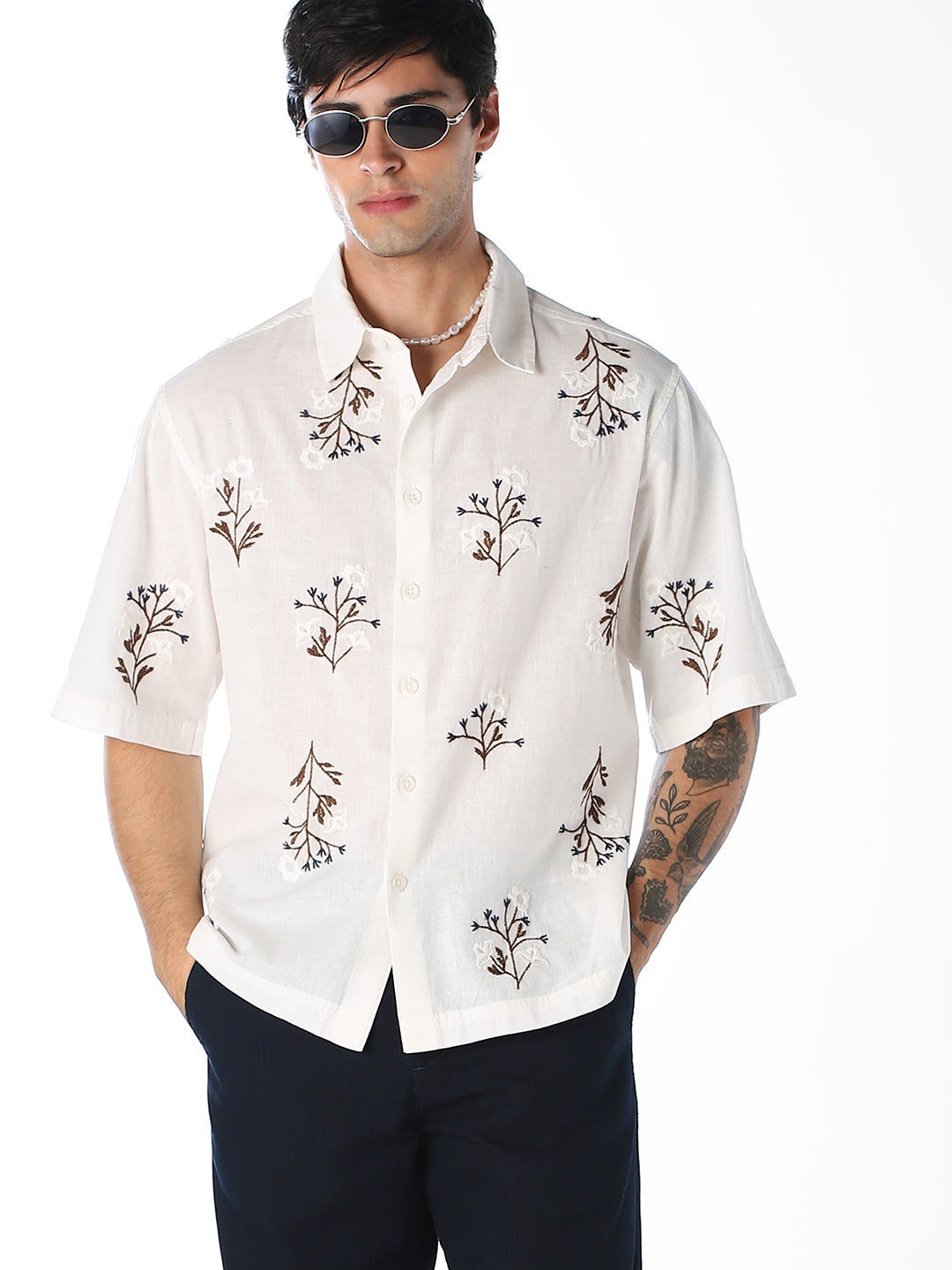 White Embroidered Oversized Shirt - S