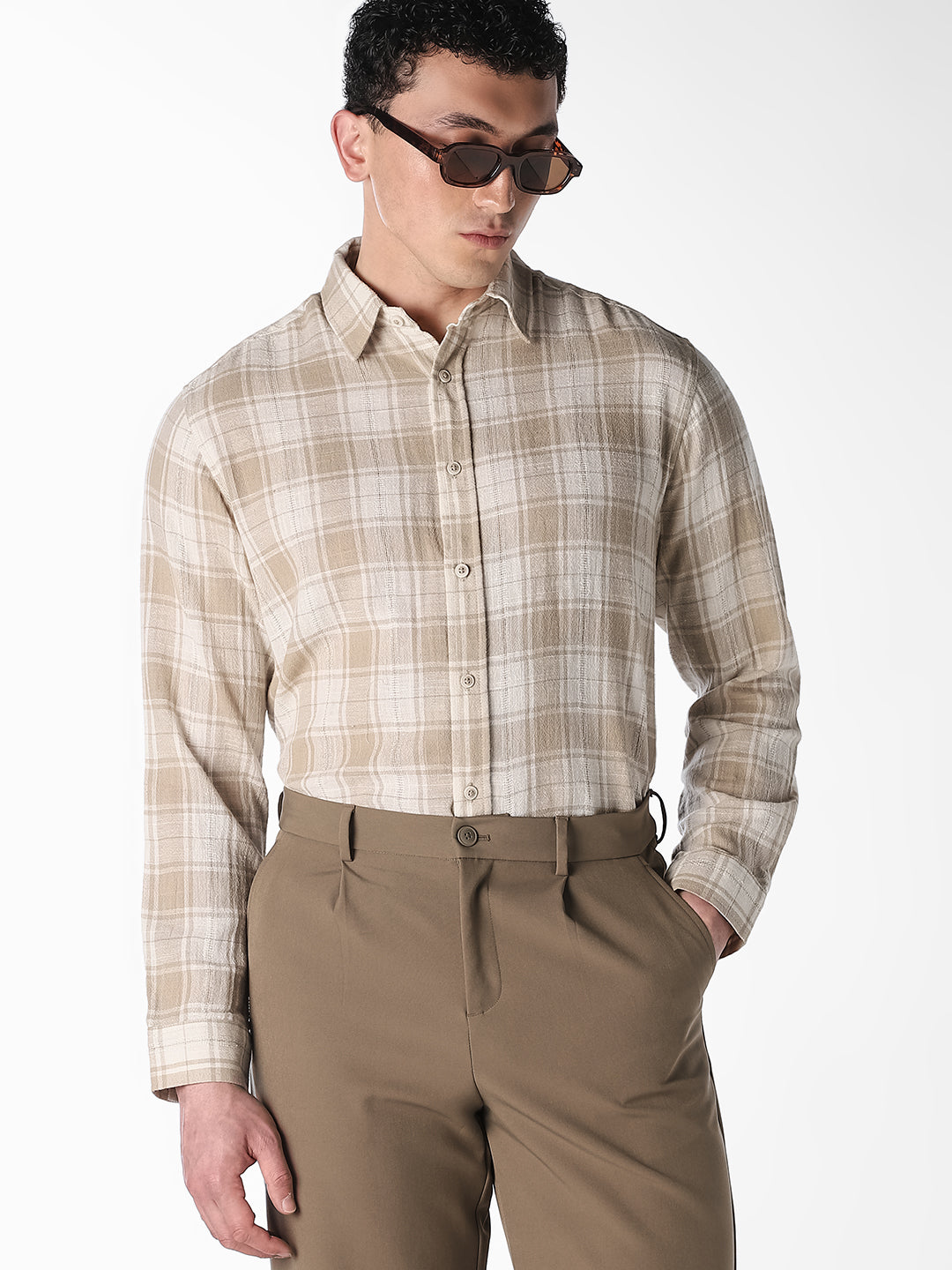 Beige Check Linen Blend Shirt