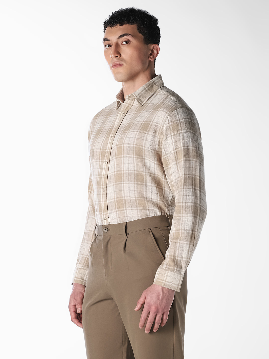 Beige Check Linen Blend Shirt