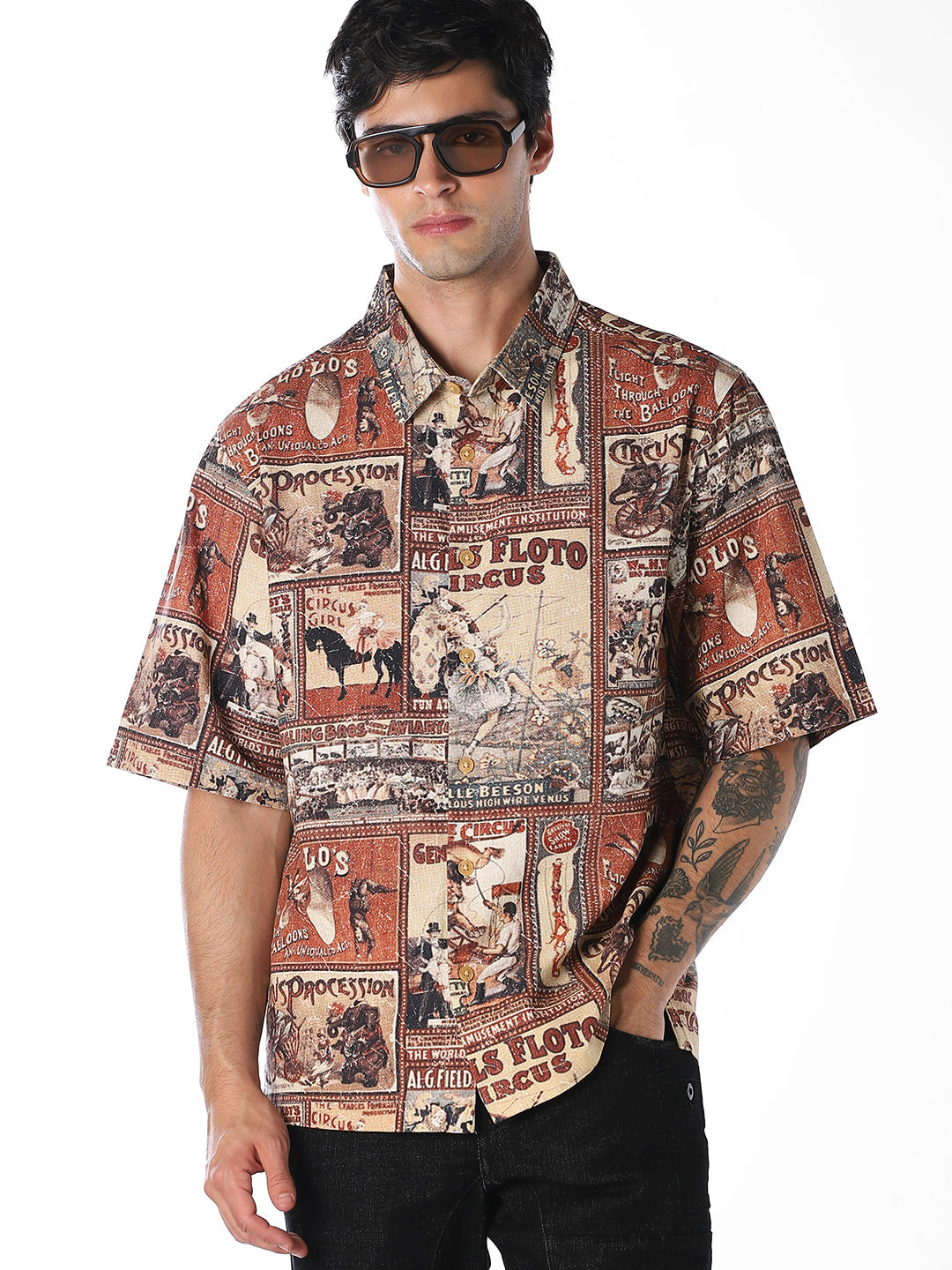 Brown Printed Oversized Shirt - L