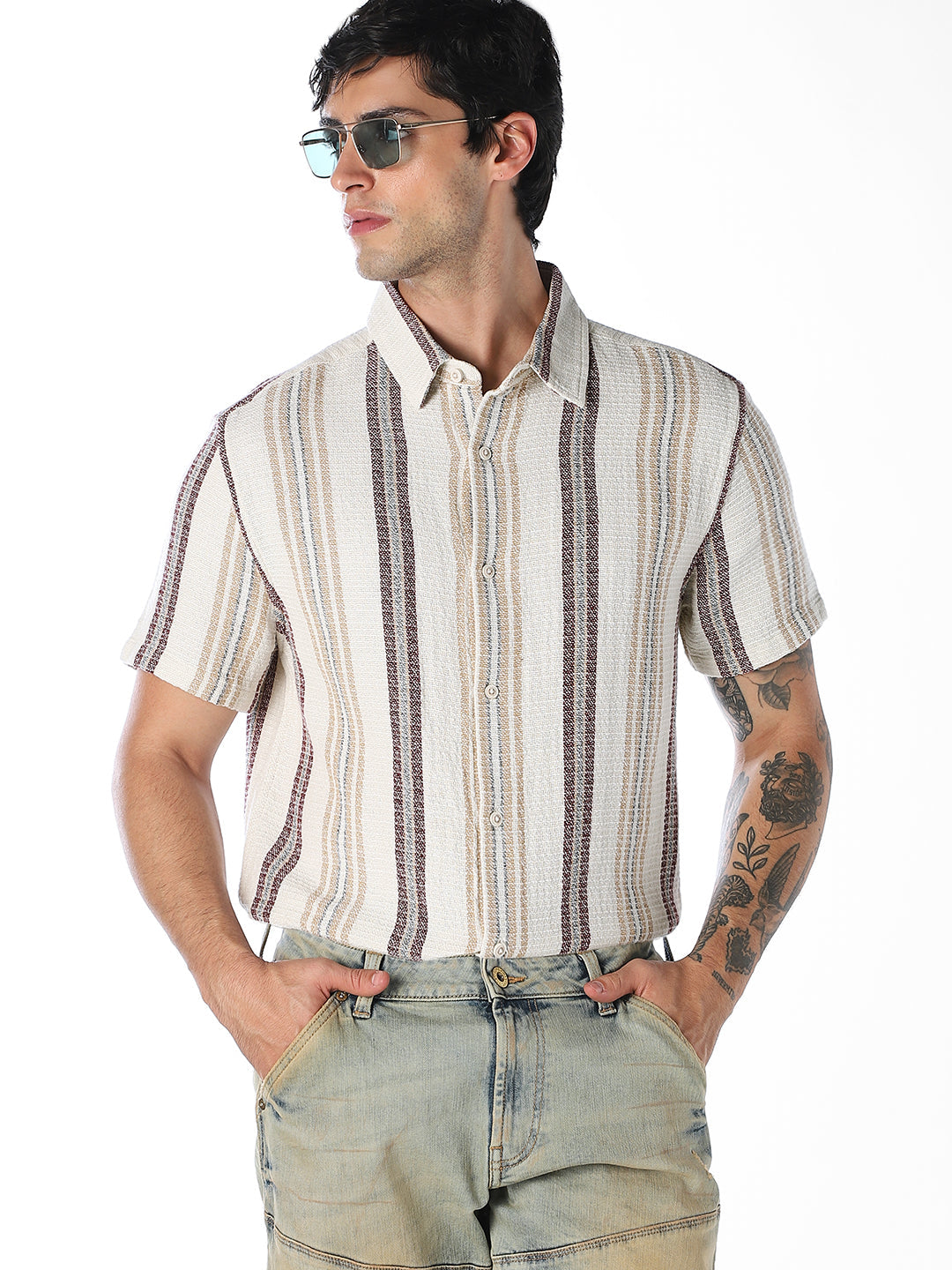 Beige Striped Comfort Fit Shirt