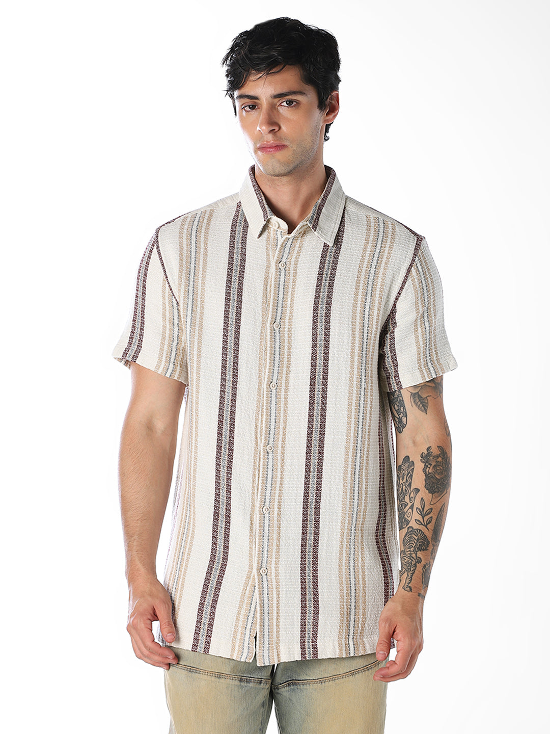 Beige Striped Comfort Fit Shirt