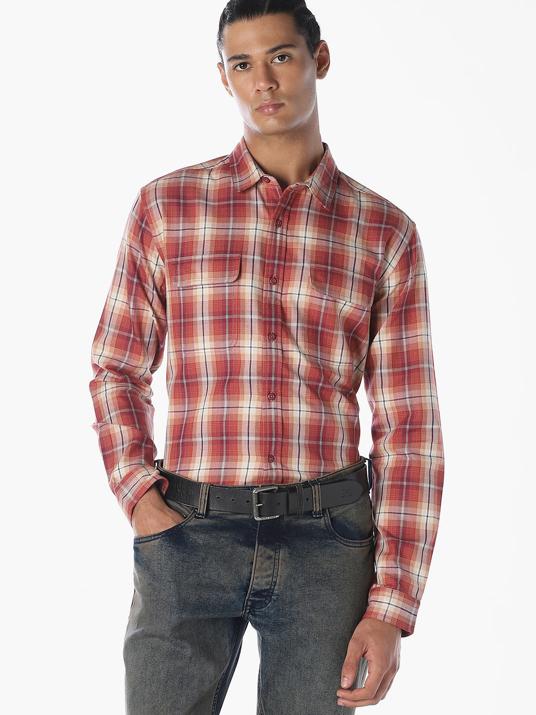 Patch Pockets Cotton Check Shirt - Red - XL