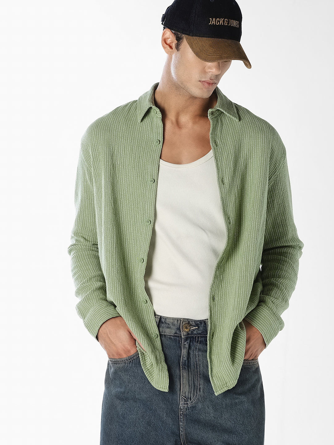 Green Textured Full Sleeves Shirt - XL