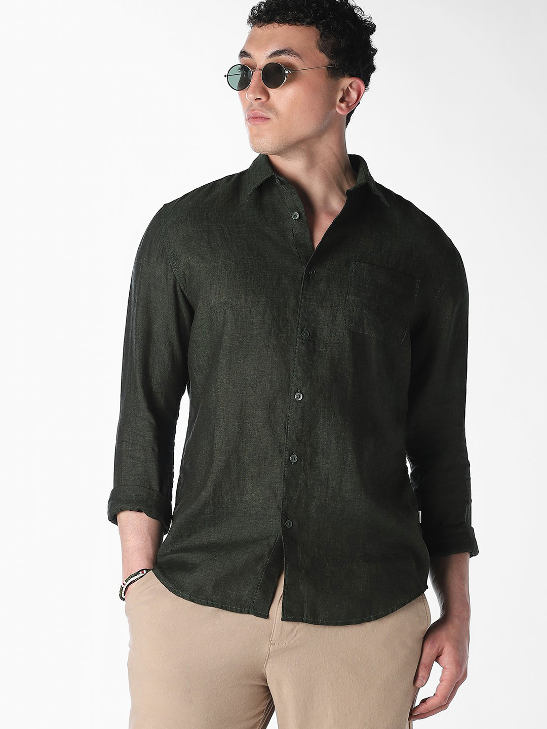 Dark Green Linen Regular Fit Shirt - M