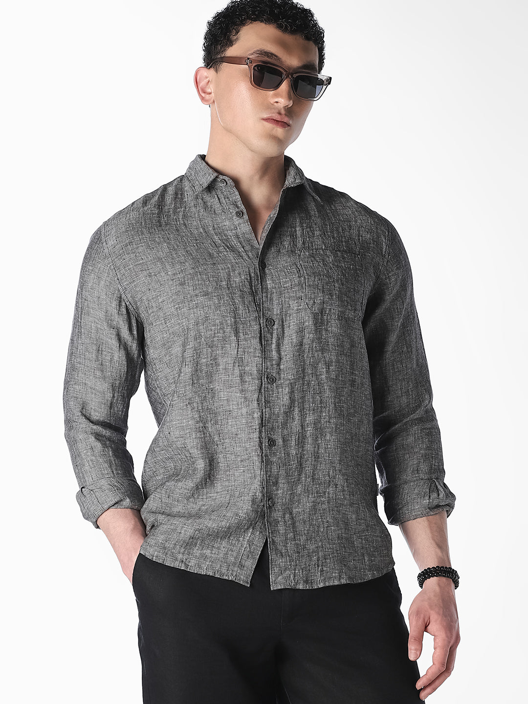 Grey Linen Regular Fit Shirt