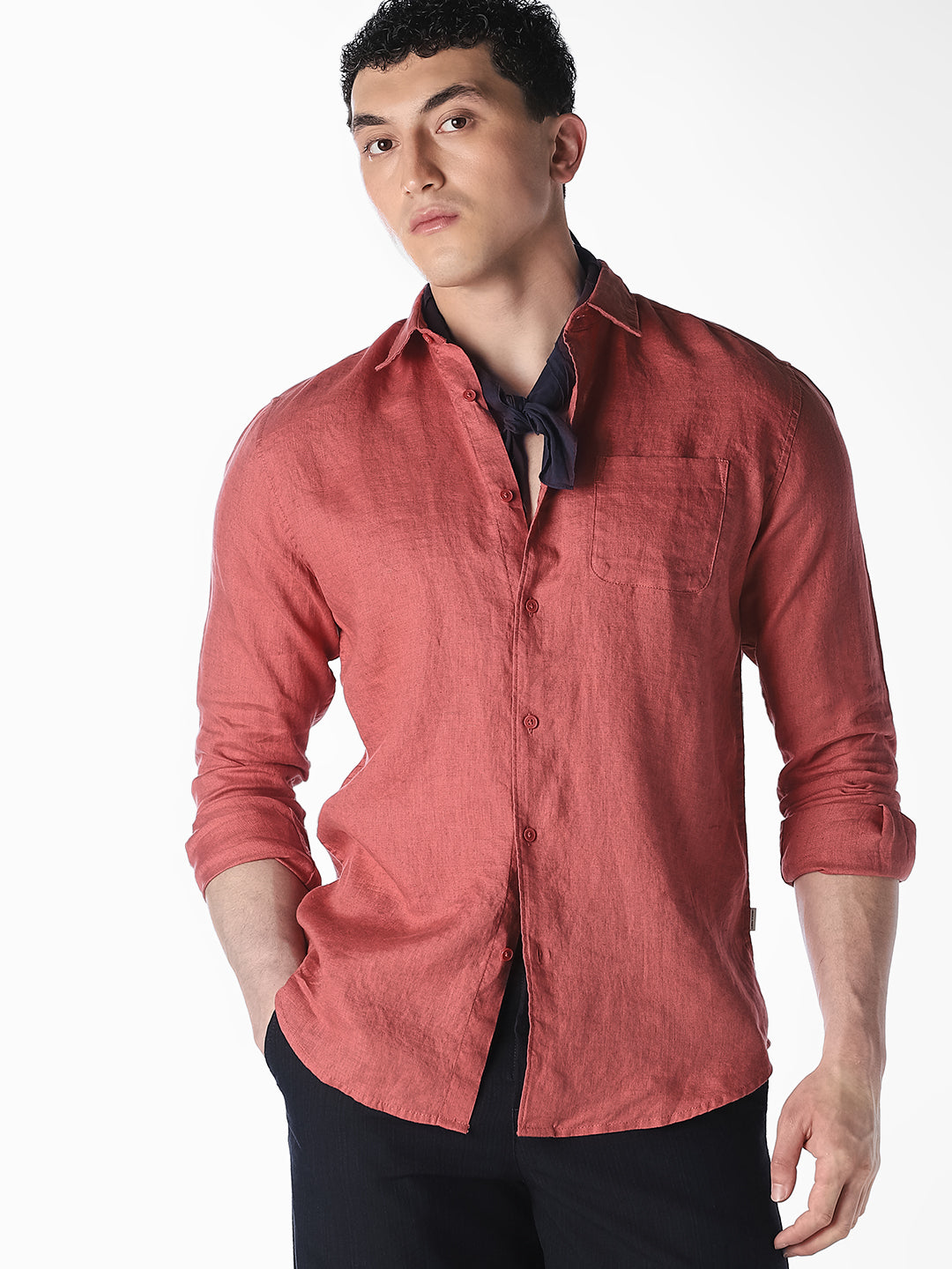 Rust Red Linen Regular Fit Shirt - M