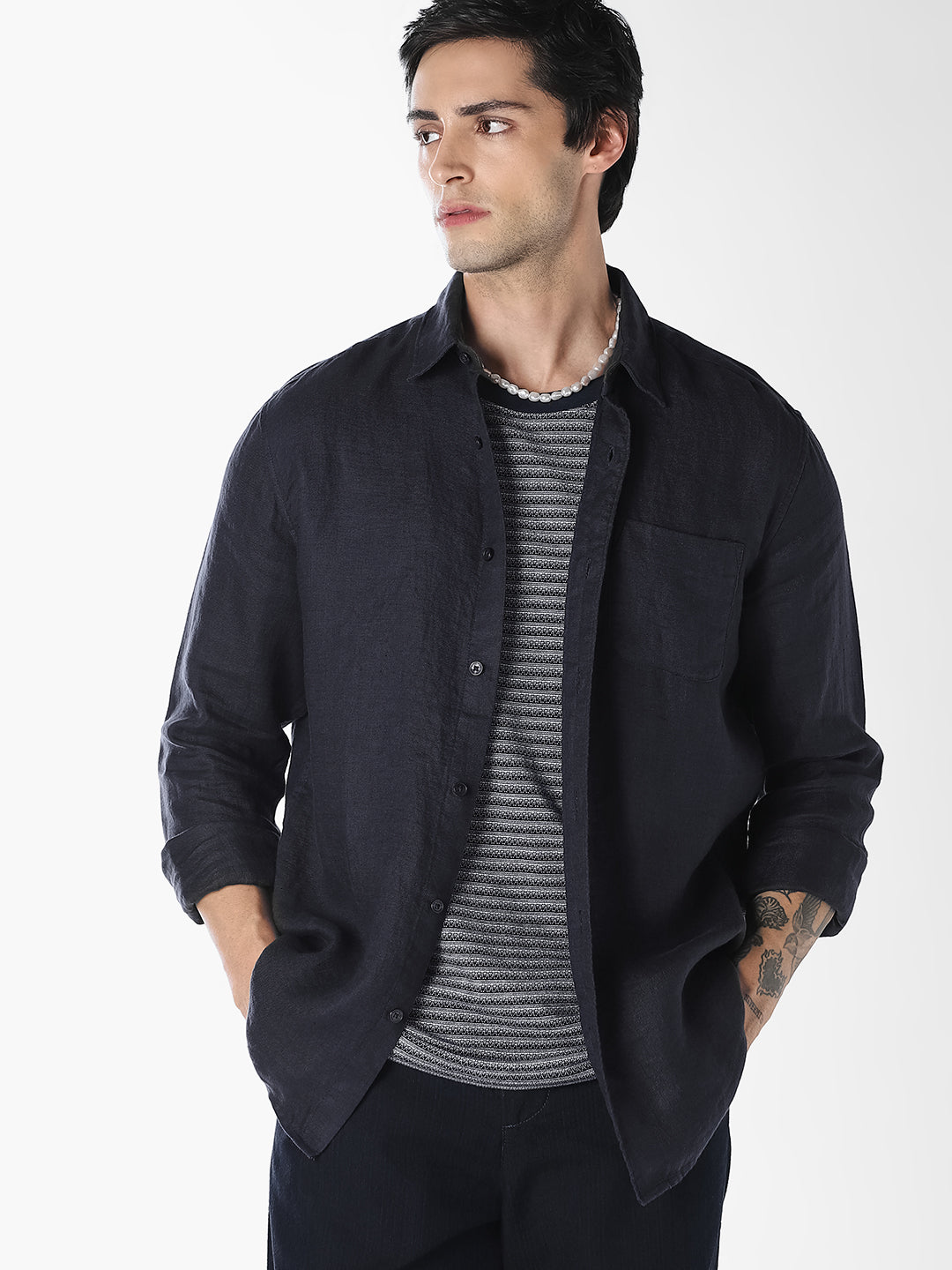 Dark Blue Linen Regular Fit Shirt